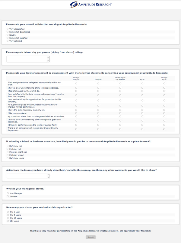 Job Satisfaction Survey Sample Questionnaire Employee Survey Template